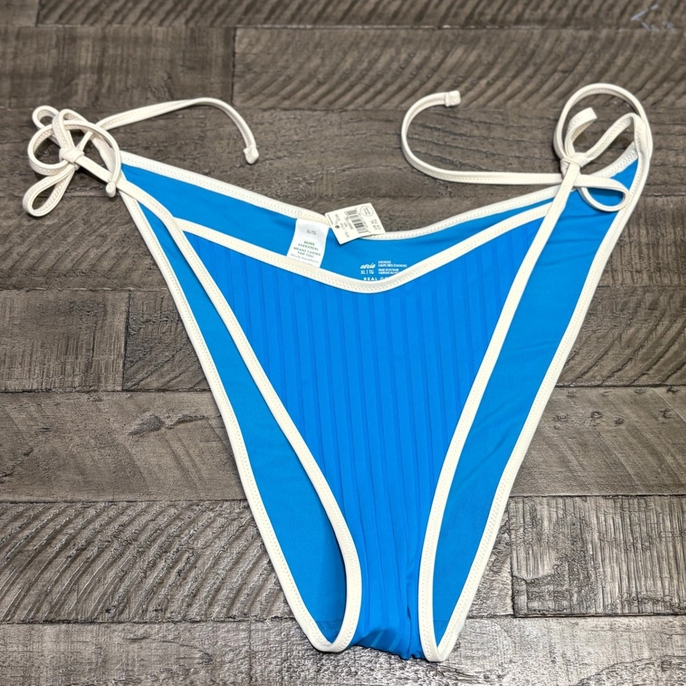 Aerie Ribbed Side Tie Cheekiest Bikini Bottom Blue White XL NWT